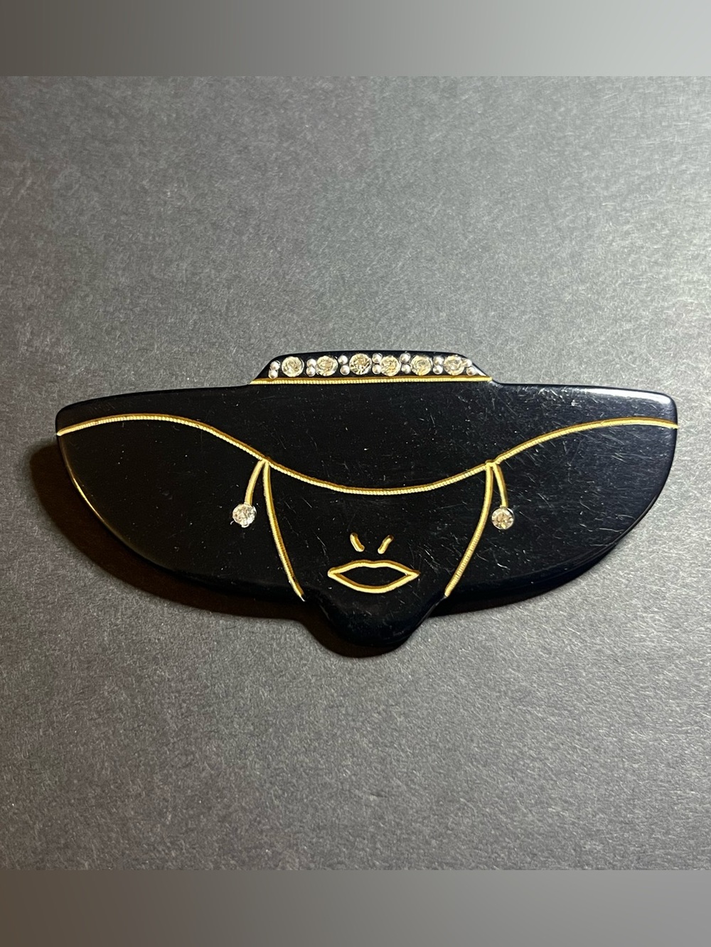 VTG Art Deco Black Lucite & Rhinestone Fashionable Lady Woman w/ Hat Pin Brooch